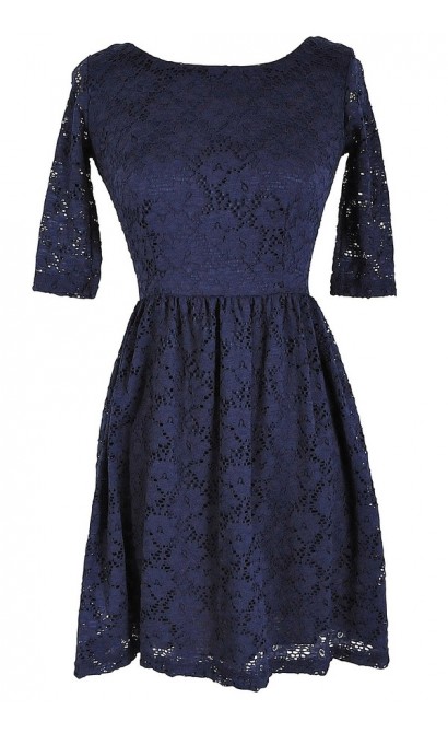 Navy Three Quarter Sleeve Lace Dress